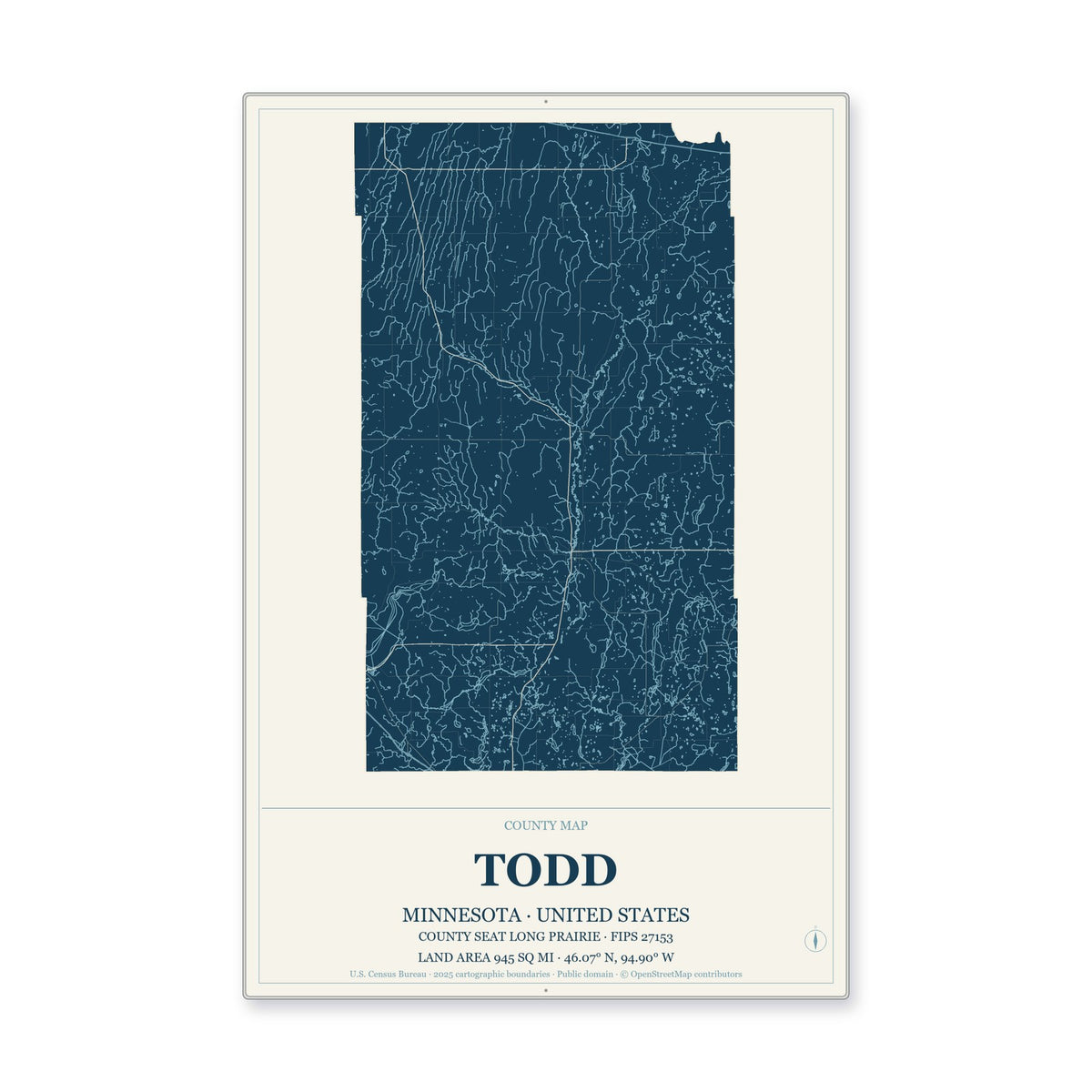Todd County, Minnesota Map Aluminum Sign in Coastal Cutout style