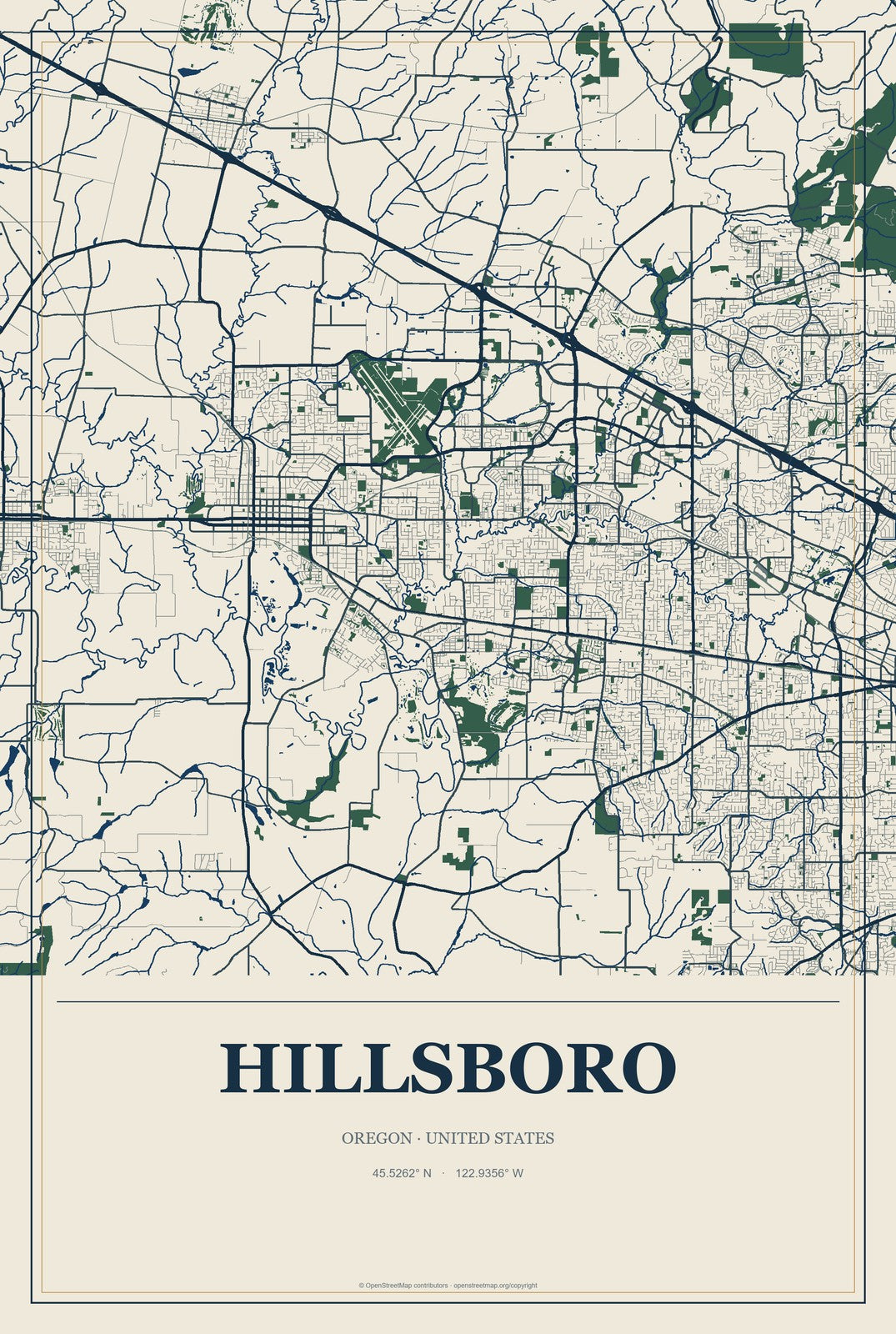 Hillsboro, Oregon City Map Aluminum Sign in Coastal Cutout style