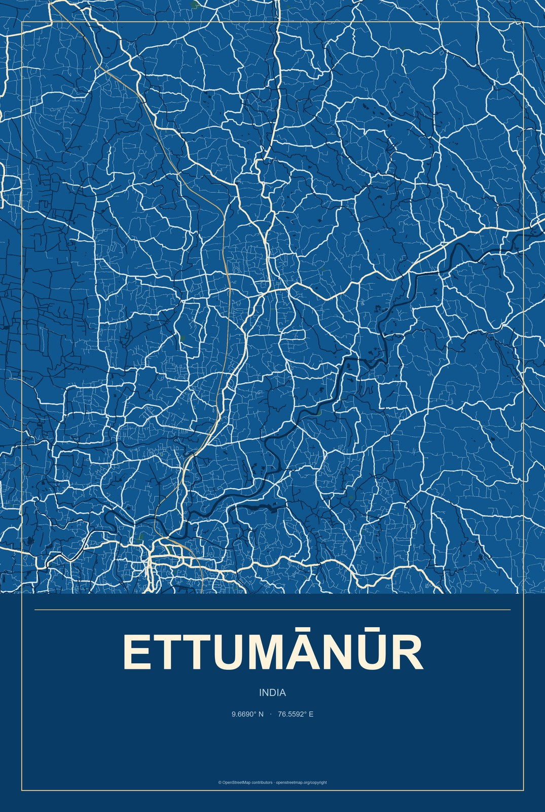 Ettumānūr, India City Map Aluminum Sign in Harbor Cobalt style