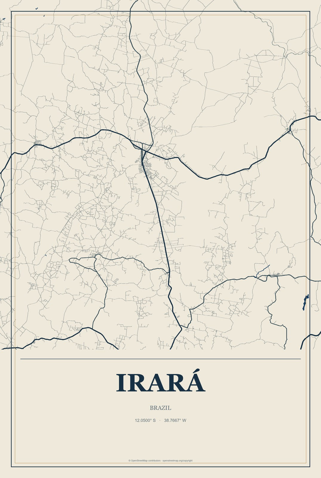 Irará, Brazil City Map Aluminum Sign in Coastal Cutout style