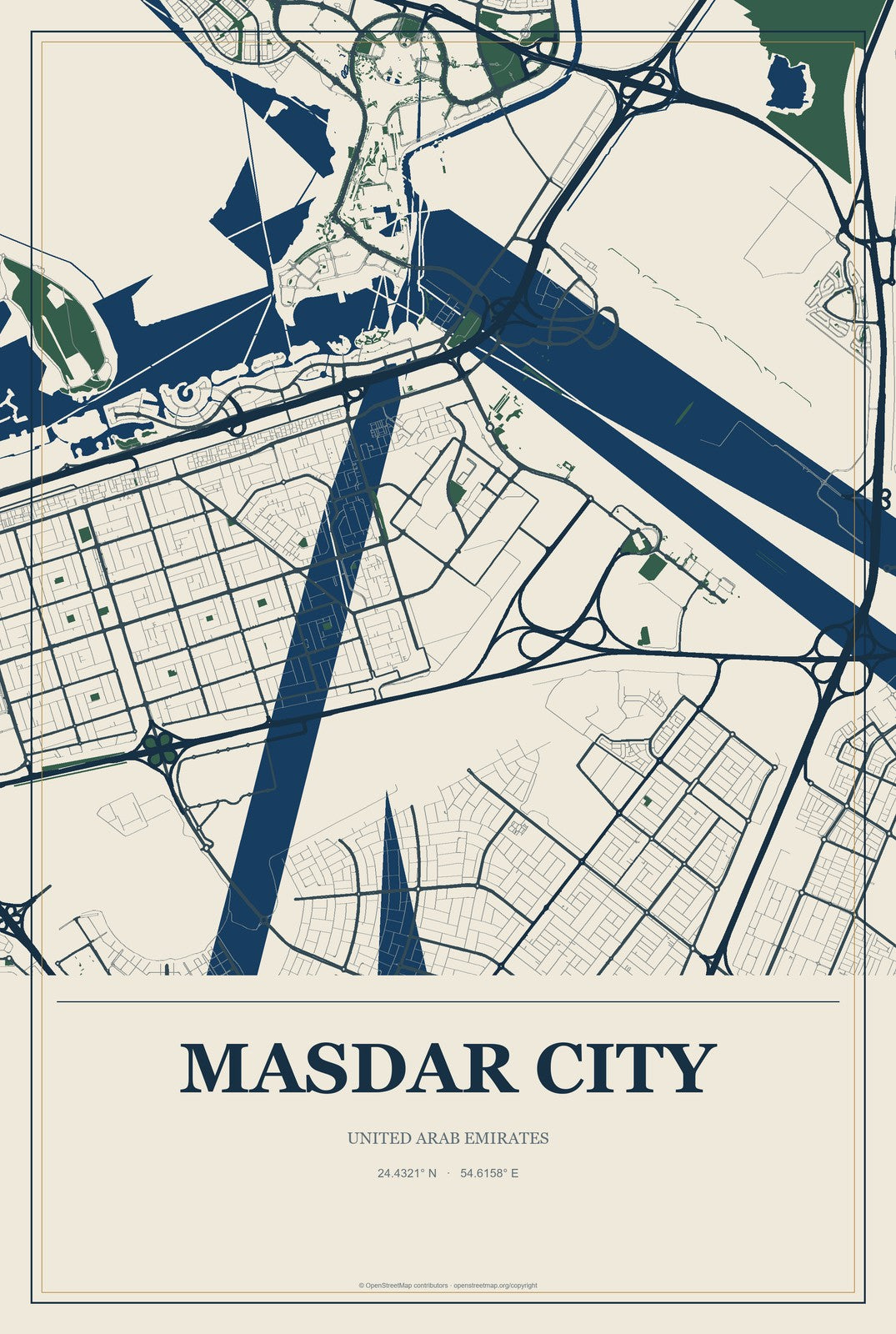 Masdar City, United Arab Emirates City Map Aluminum Sign in Coastal Cutout style