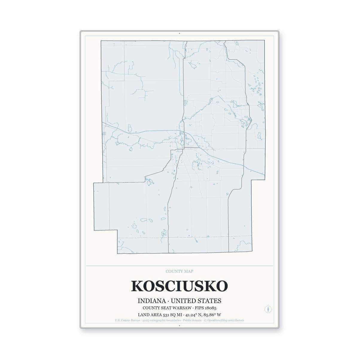 Kosciusko County, Indiana Map Aluminum Sign in Gallery Air style