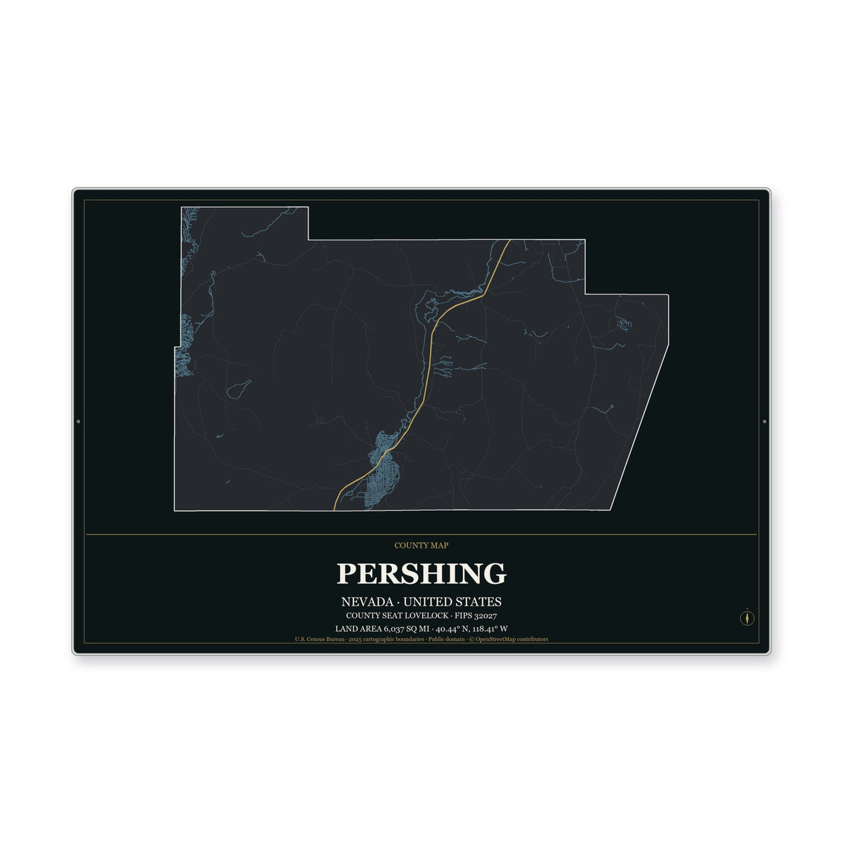 Pershing County, Nevada Map Aluminum Sign in Metropolitan Noir style