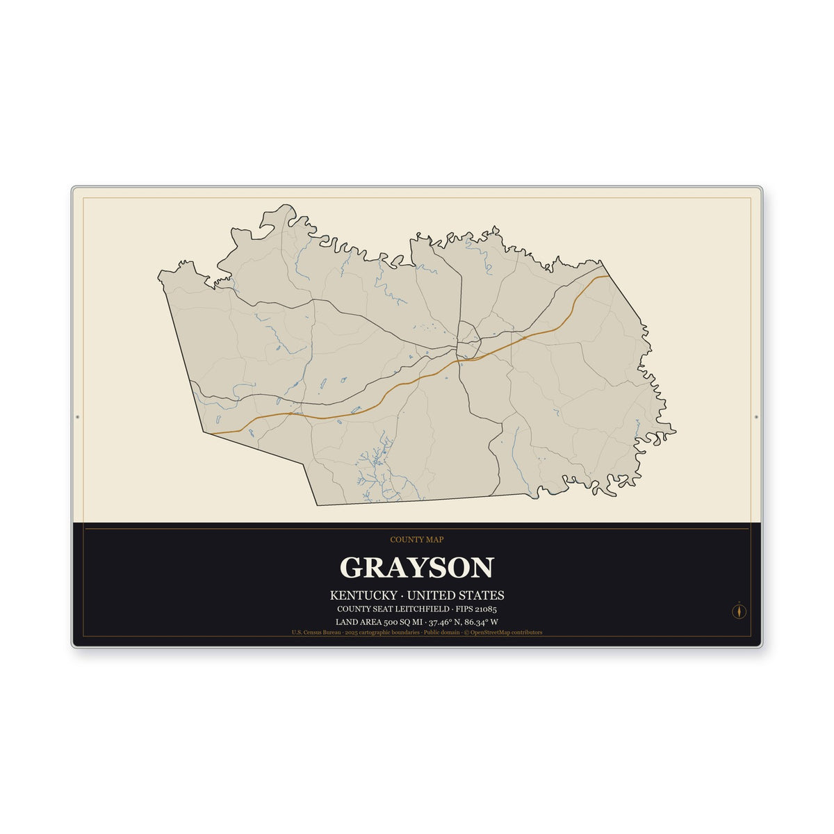 Grayson County, Kentucky Map Aluminum Sign in Museum Plaque style