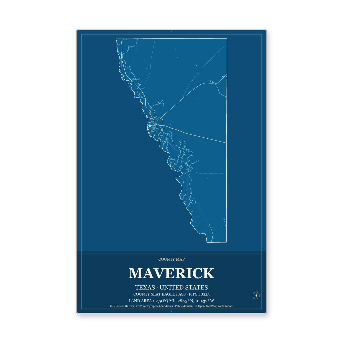 Maverick County, Texas Map Aluminum Sign in Harbor Cobalt style