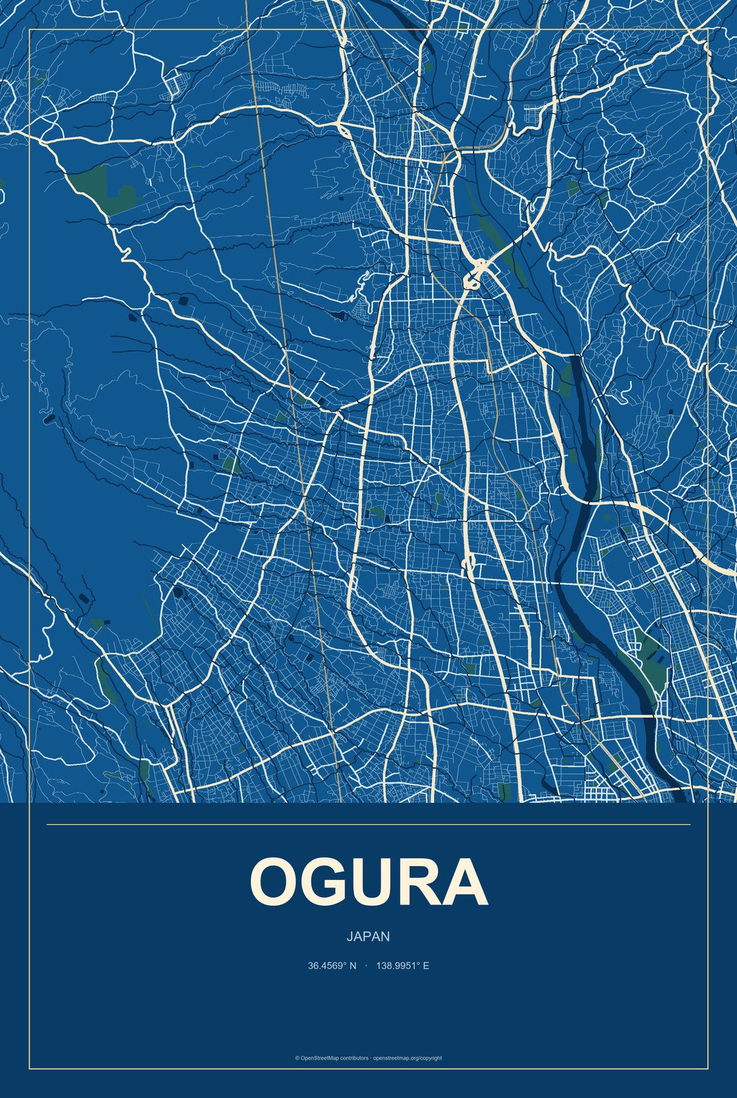 Ogura, Japan City Map Aluminum Sign in Harbor Cobalt style