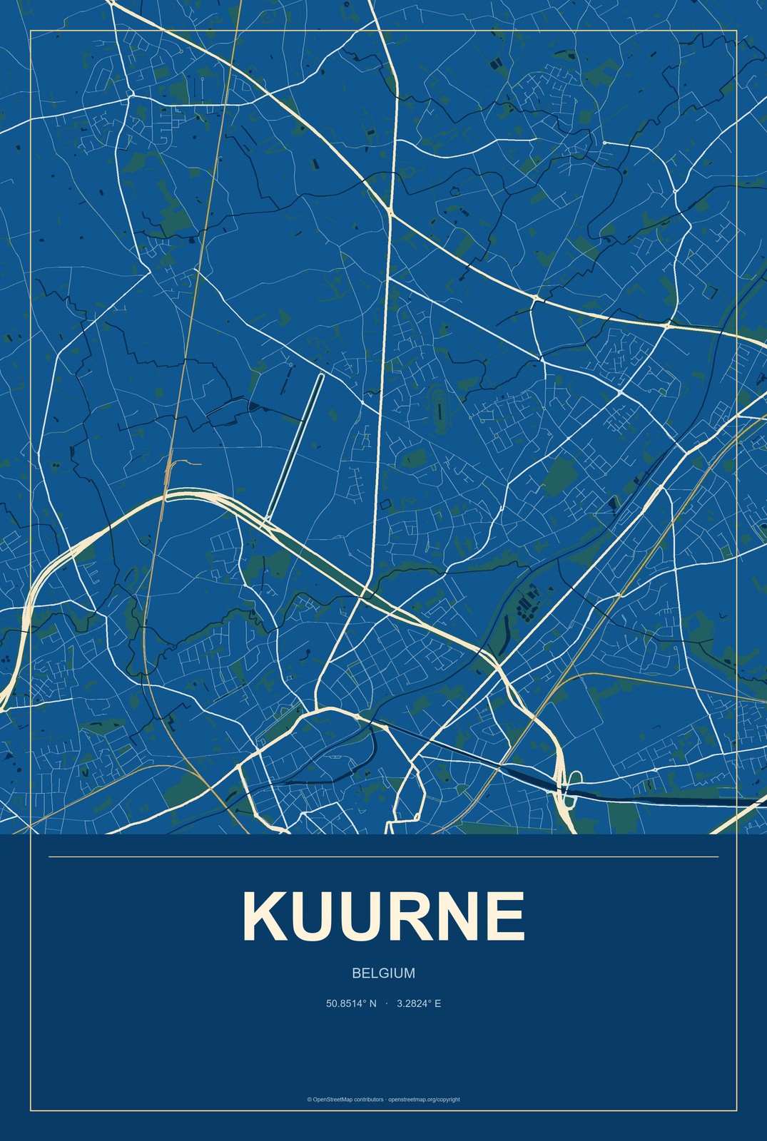 Kuurne, Belgium City Map Aluminum Sign in Harbor Cobalt style
