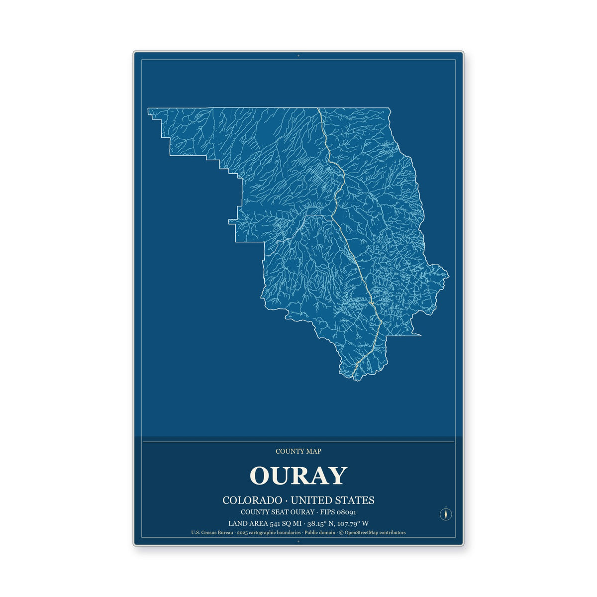 Ouray County, Colorado Map Aluminum Sign in Harbor Cobalt style