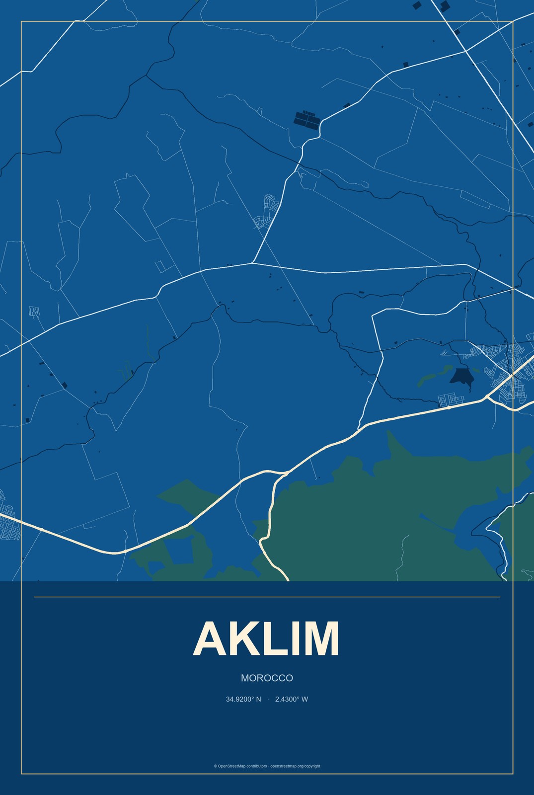 Aklim, Morocco City Map Aluminum Sign in Harbor Cobalt style