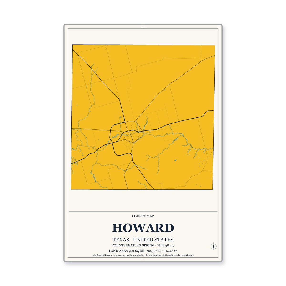 Howard County, Texas Map Aluminum Sign in Citrine Modern style