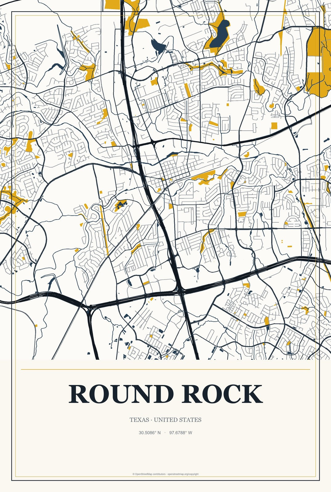 Round Rock, Texas City Map Aluminum Sign in Citrine Modern style