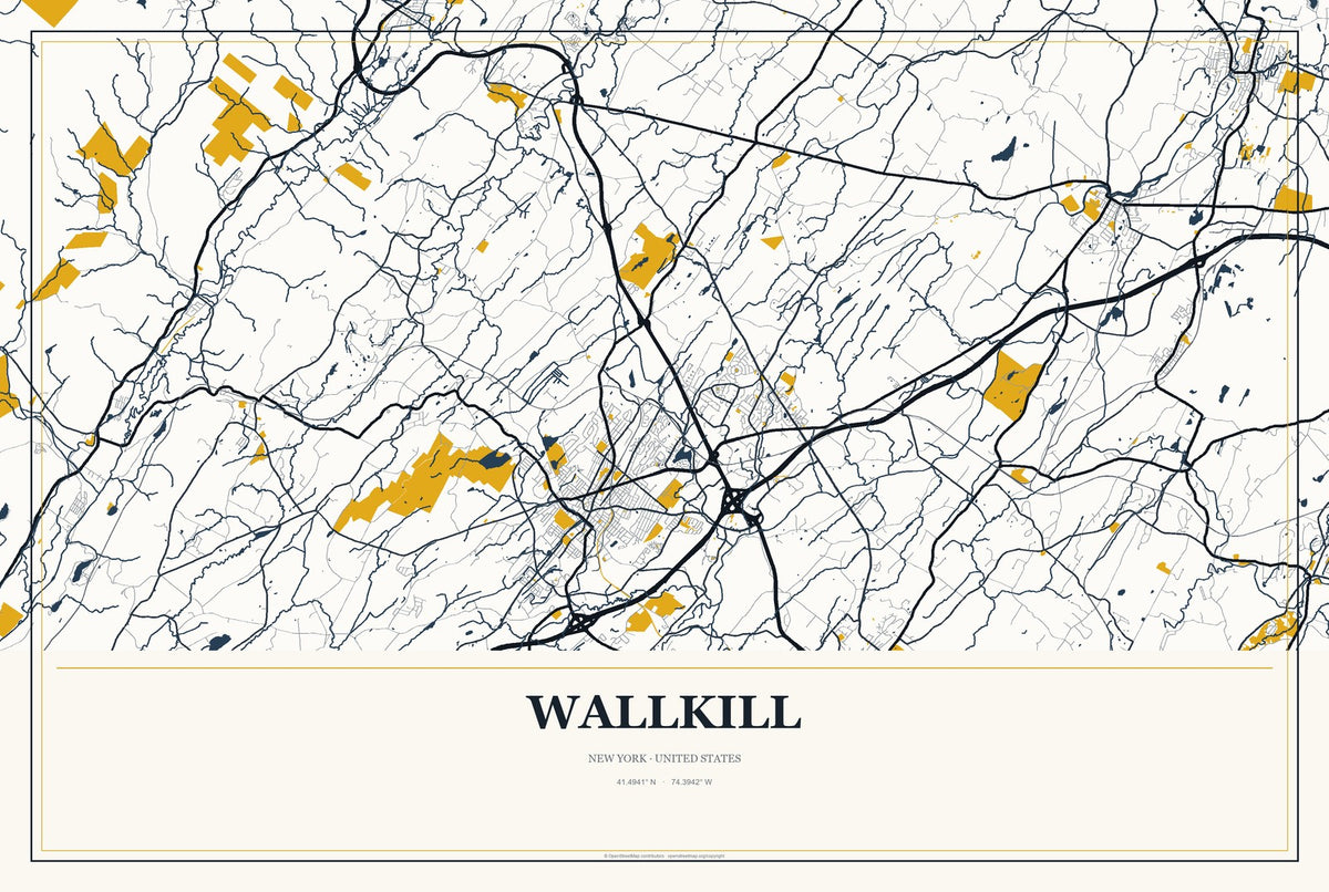 Wallkill, New York City Map Aluminum Sign in Citrine Modern style
