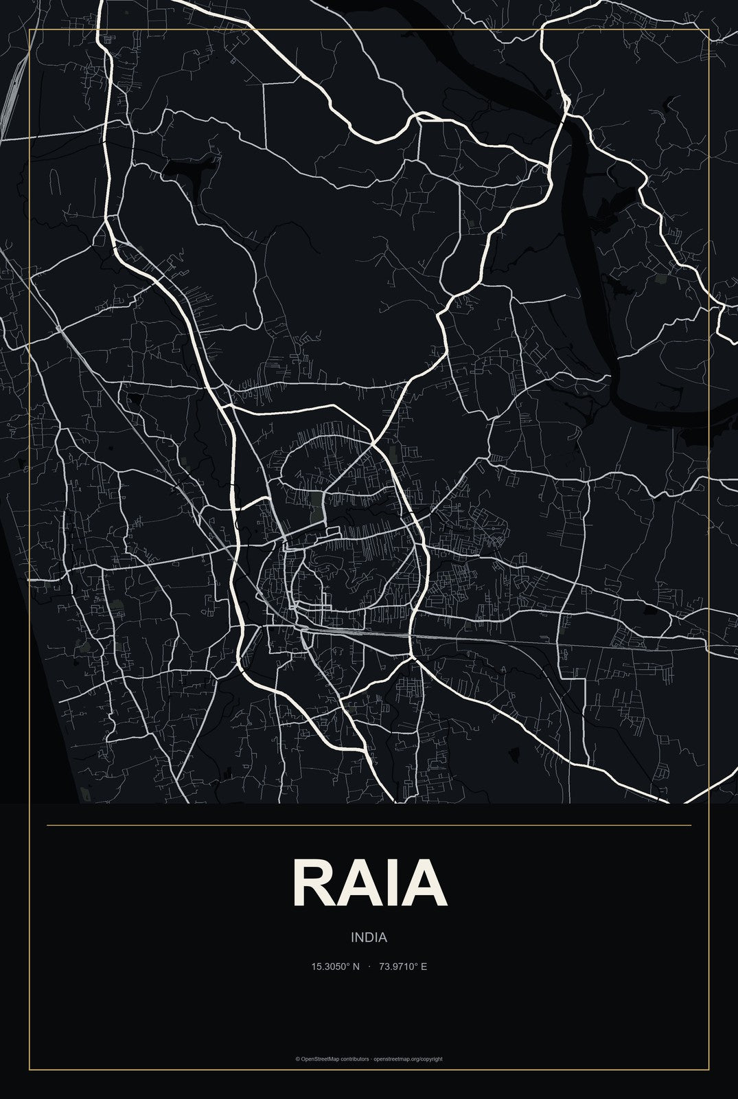 Raia, India City Map Aluminum Sign in Metropolitan Noir style