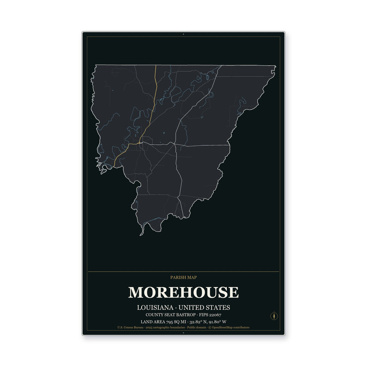 Morehouse Parish, Louisiana Map Aluminum Sign in Metropolitan Noir style