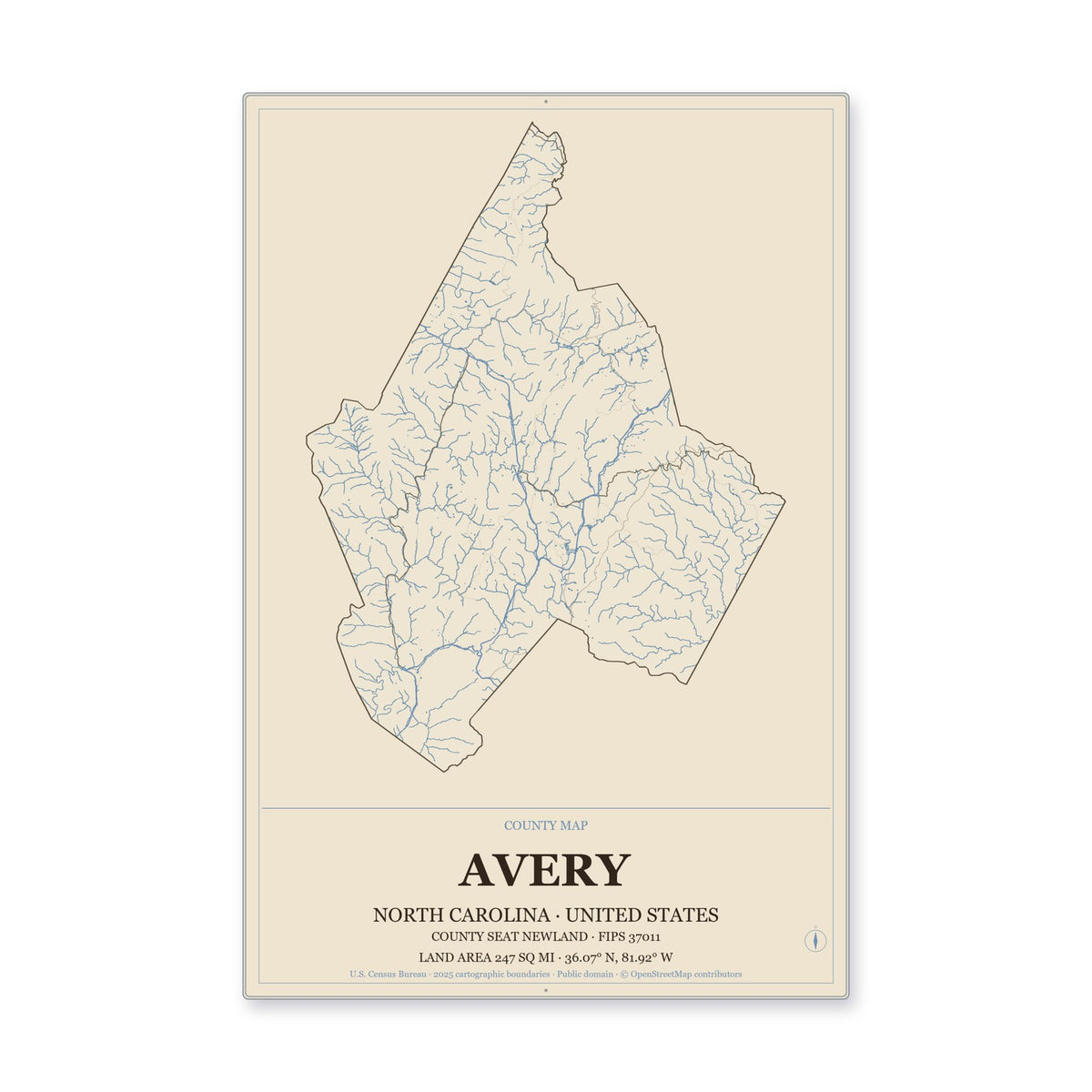 Avery County, North Carolina Map Aluminum Sign in Heritage Nautical style