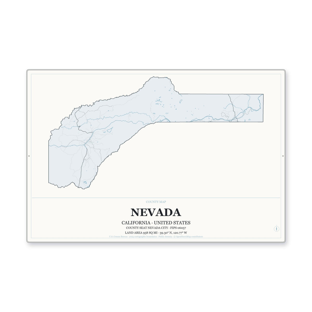 Nevada County, California Map Aluminum Sign in Gallery Air style