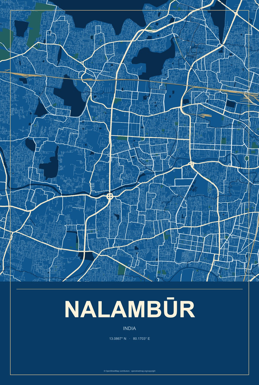 Nalambūr, India City Map Aluminum Sign in Harbor Cobalt style