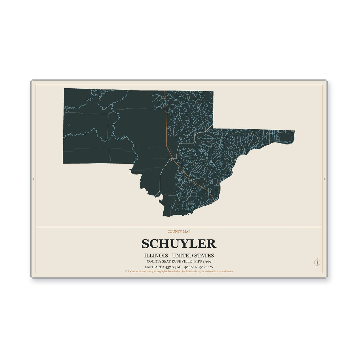 Schuyler County, Illinois Map Aluminum Sign in Headline Atlas style