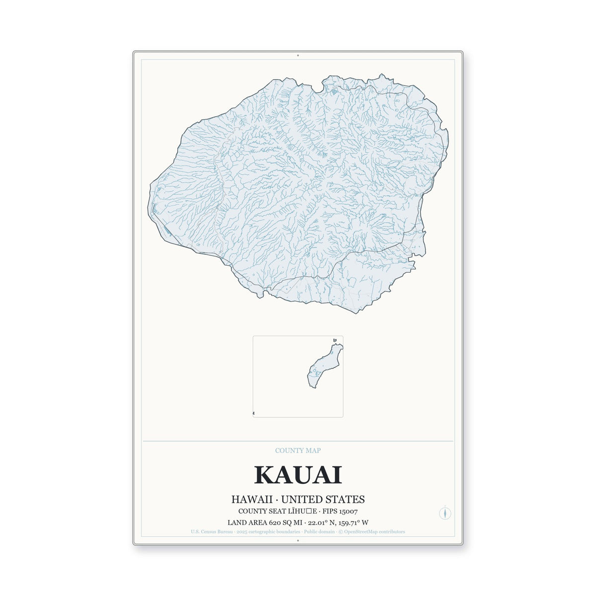 Kauai County, Hawaii Map Aluminum Sign in Gallery Air style