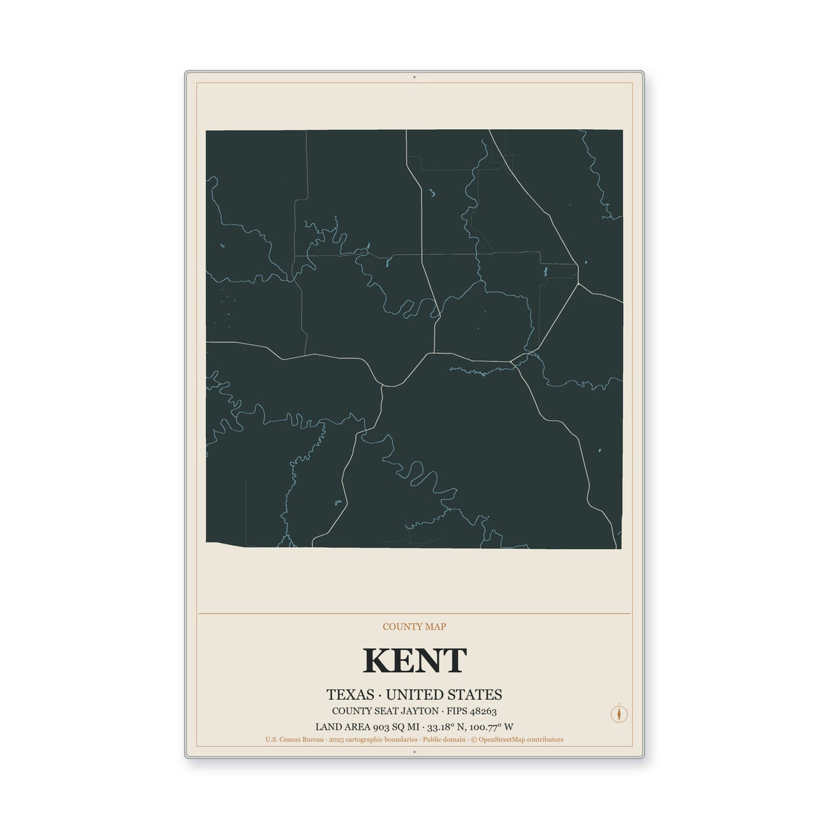 Kent County, Texas Map Aluminum Sign in Headline Atlas style