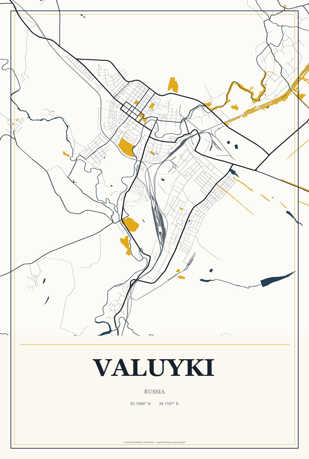 Valuyki, Russia City Map Aluminum Sign in Citrine Modern style
