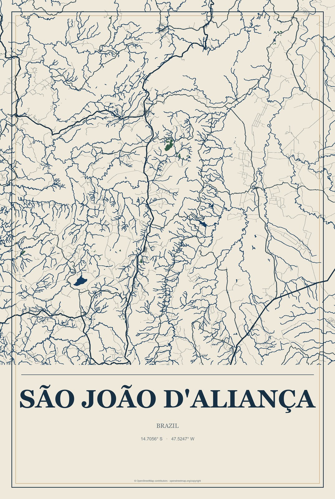 São João d'Aliança, Brazil City Map Aluminum Sign in Coastal Cutout style