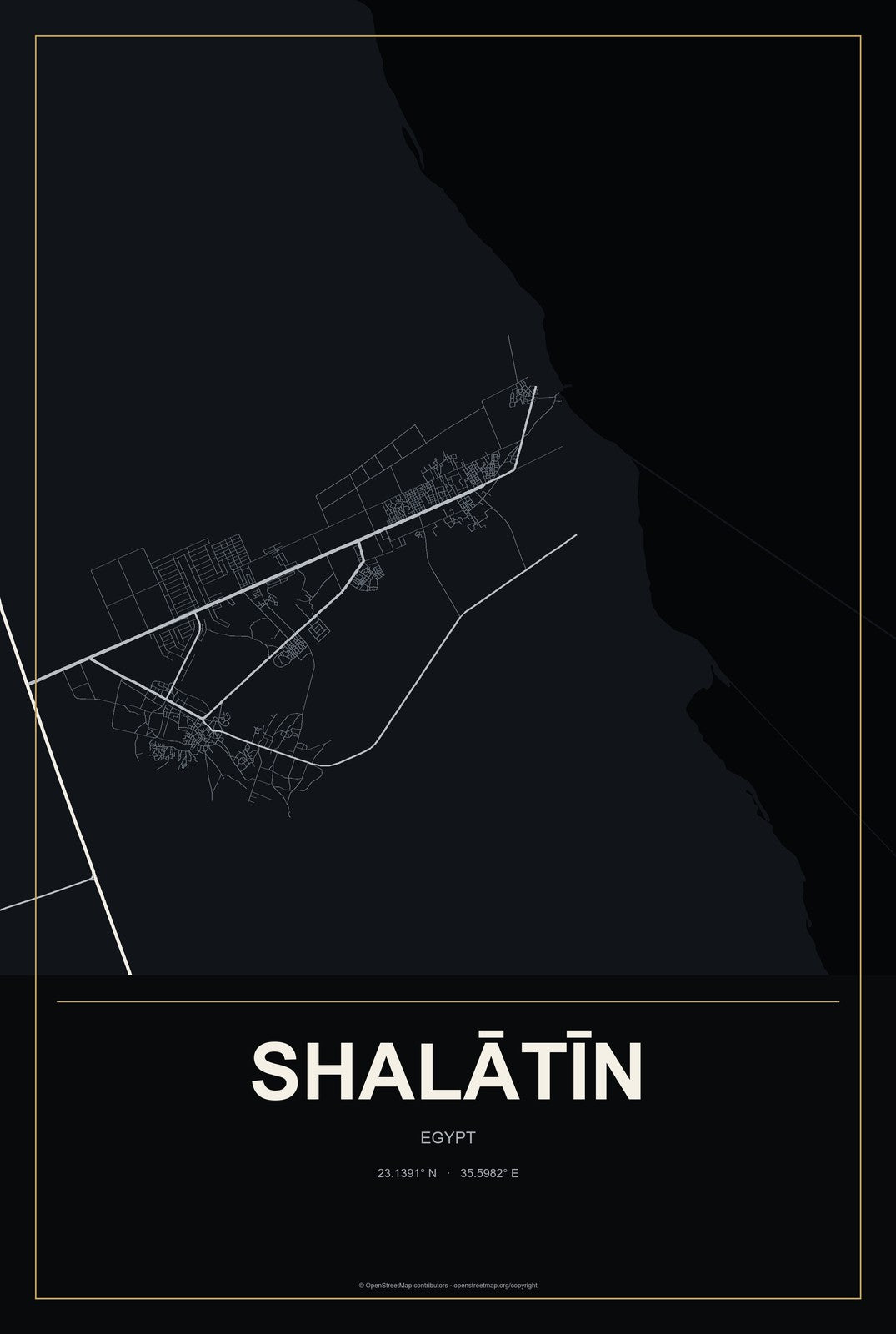 Shalātīn, Egypt City Map Aluminum Sign in Metropolitan Noir style