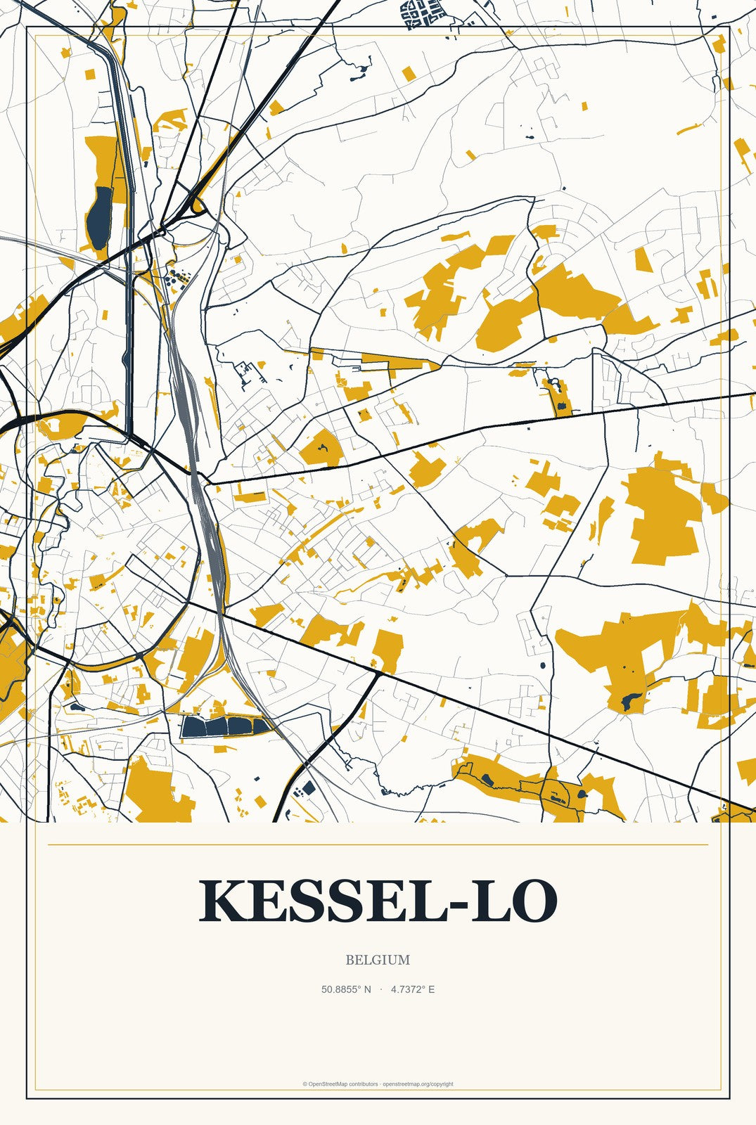 Kessel-Lo, Belgium City Map Aluminum Sign in Citrine Modern style