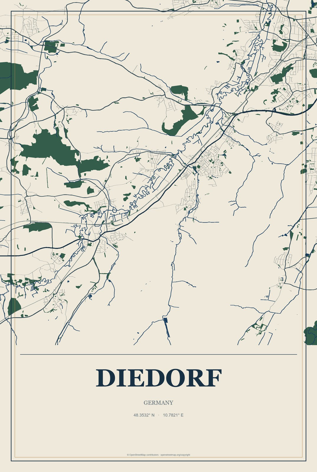 Diedorf, Germany City Map Aluminum Sign in Coastal Cutout style