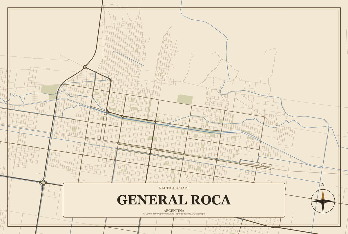 General Roca, Argentina City Map Aluminum Sign in Heritage Nautical style