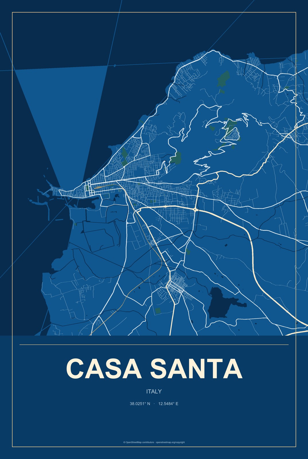 Casa Santa, Italy City Map Aluminum Sign in Harbor Cobalt style