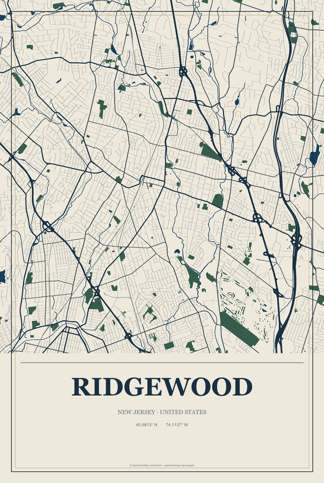 Ridgewood, New Jersey City Map Aluminum Sign in Coastal Cutout style