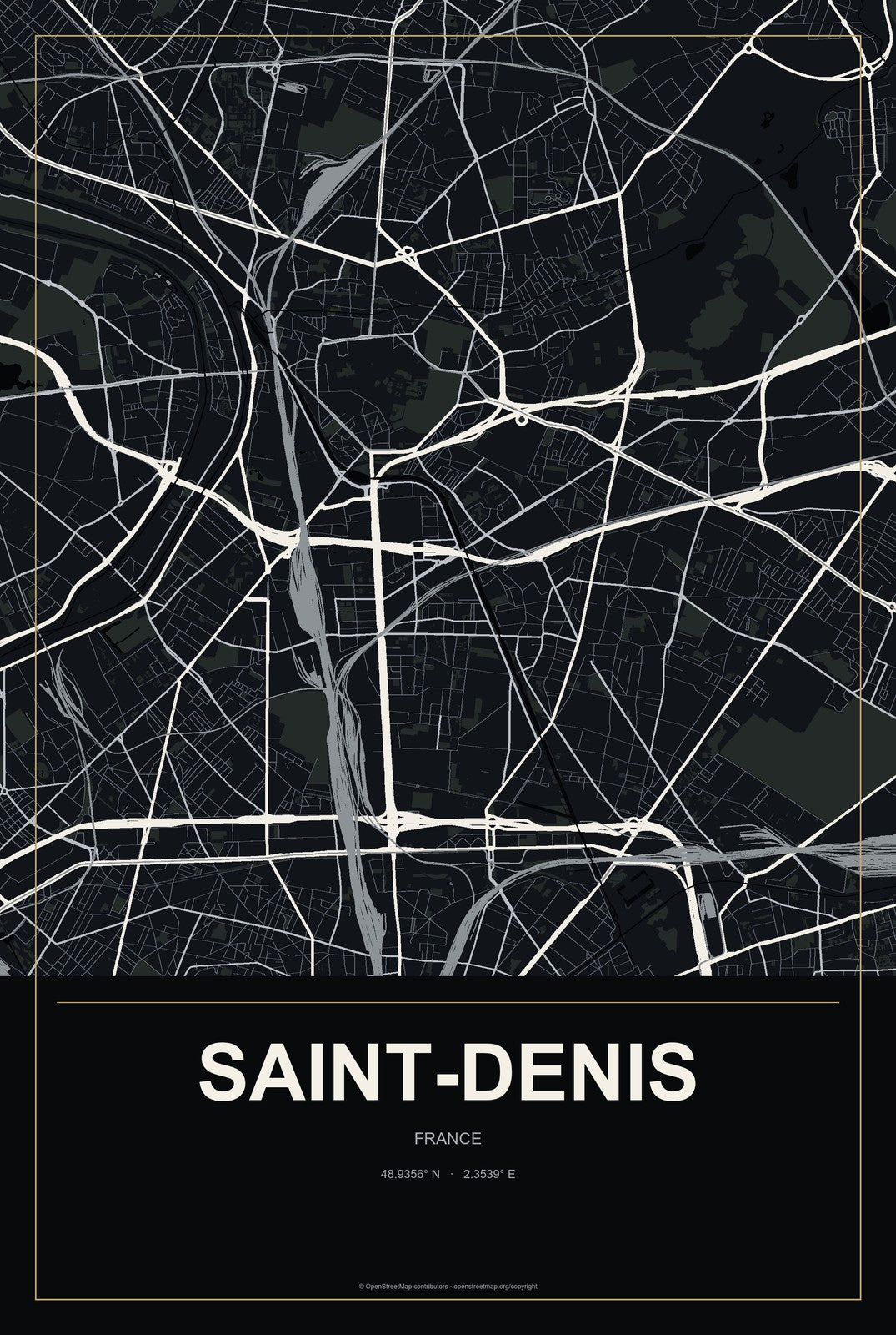 Saint-Denis, France City Map Aluminum Sign in Metropolitan Noir style