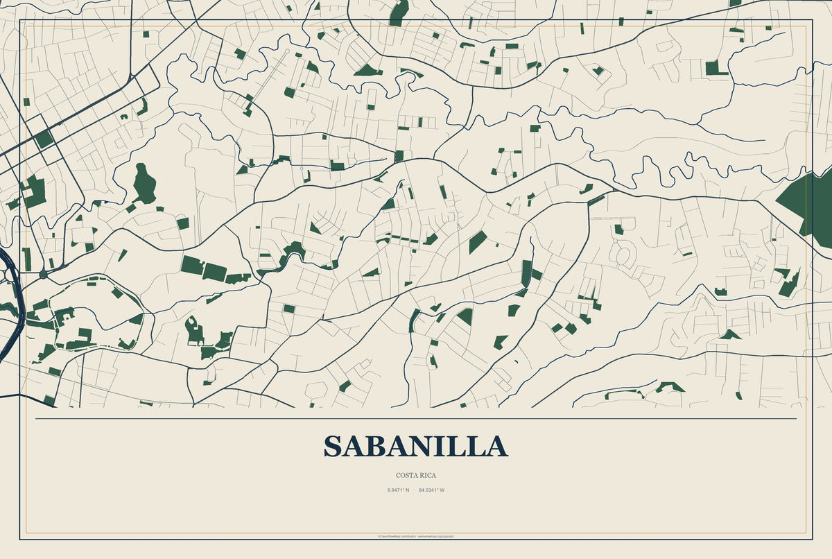 Sabanilla, Costa Rica City Map Aluminum Sign in Coastal Cutout style