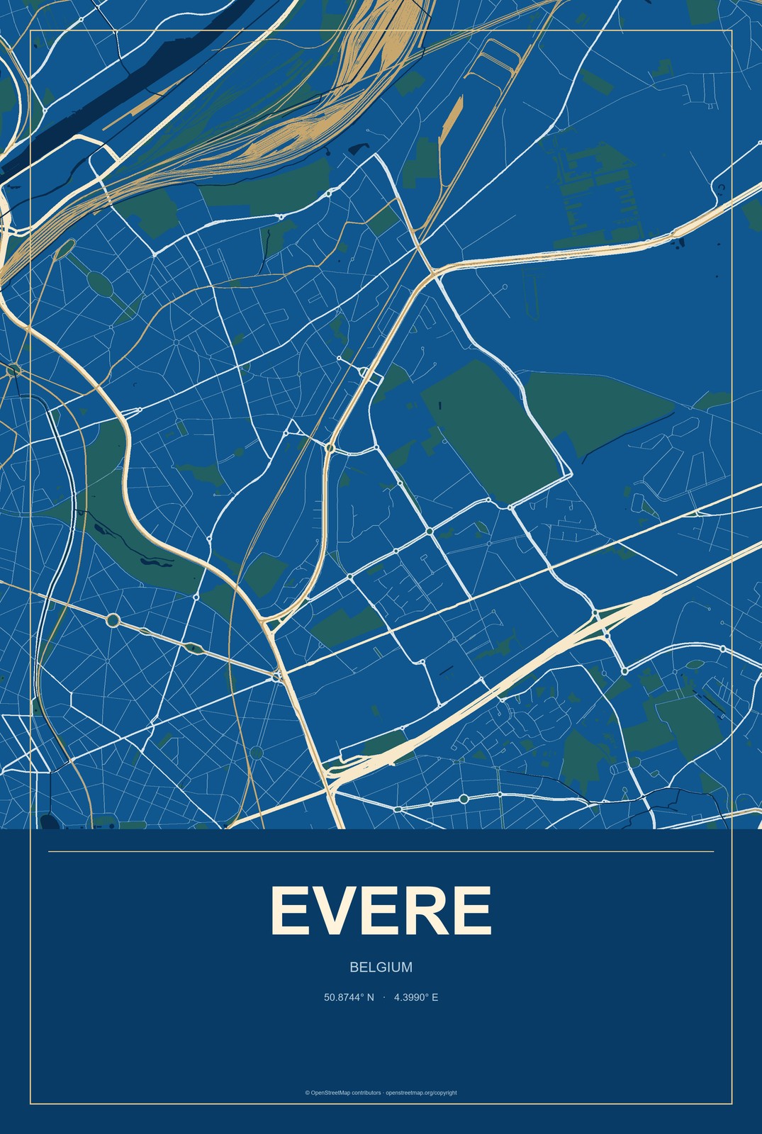 Evere, Belgium City Map Aluminum Sign in Harbor Cobalt style