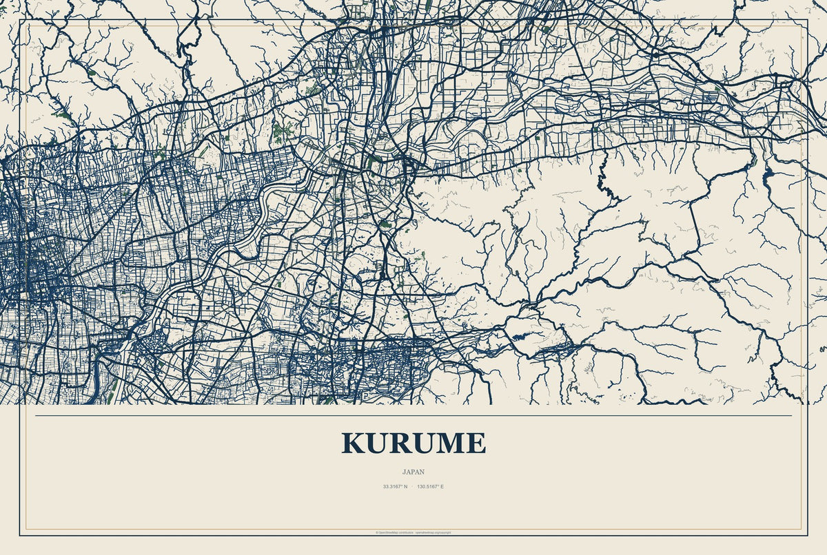 Kurume, Japan City Map Aluminum Sign in Coastal Cutout style
