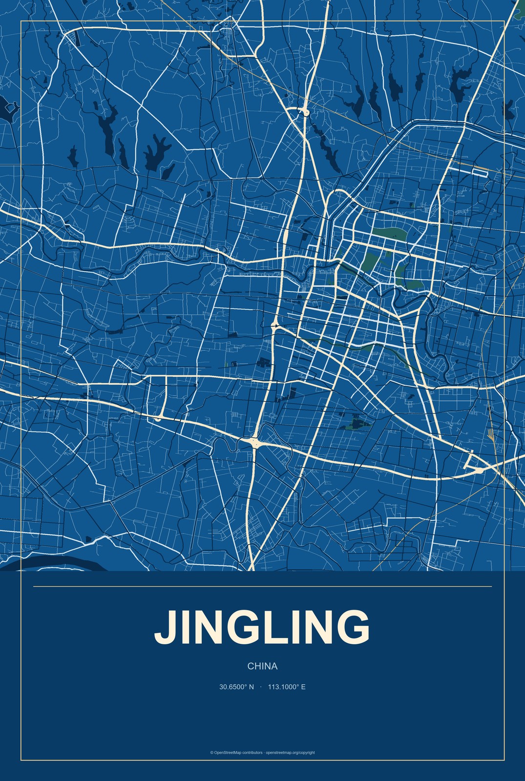 Jingling, China City Map Aluminum Sign in Harbor Cobalt style