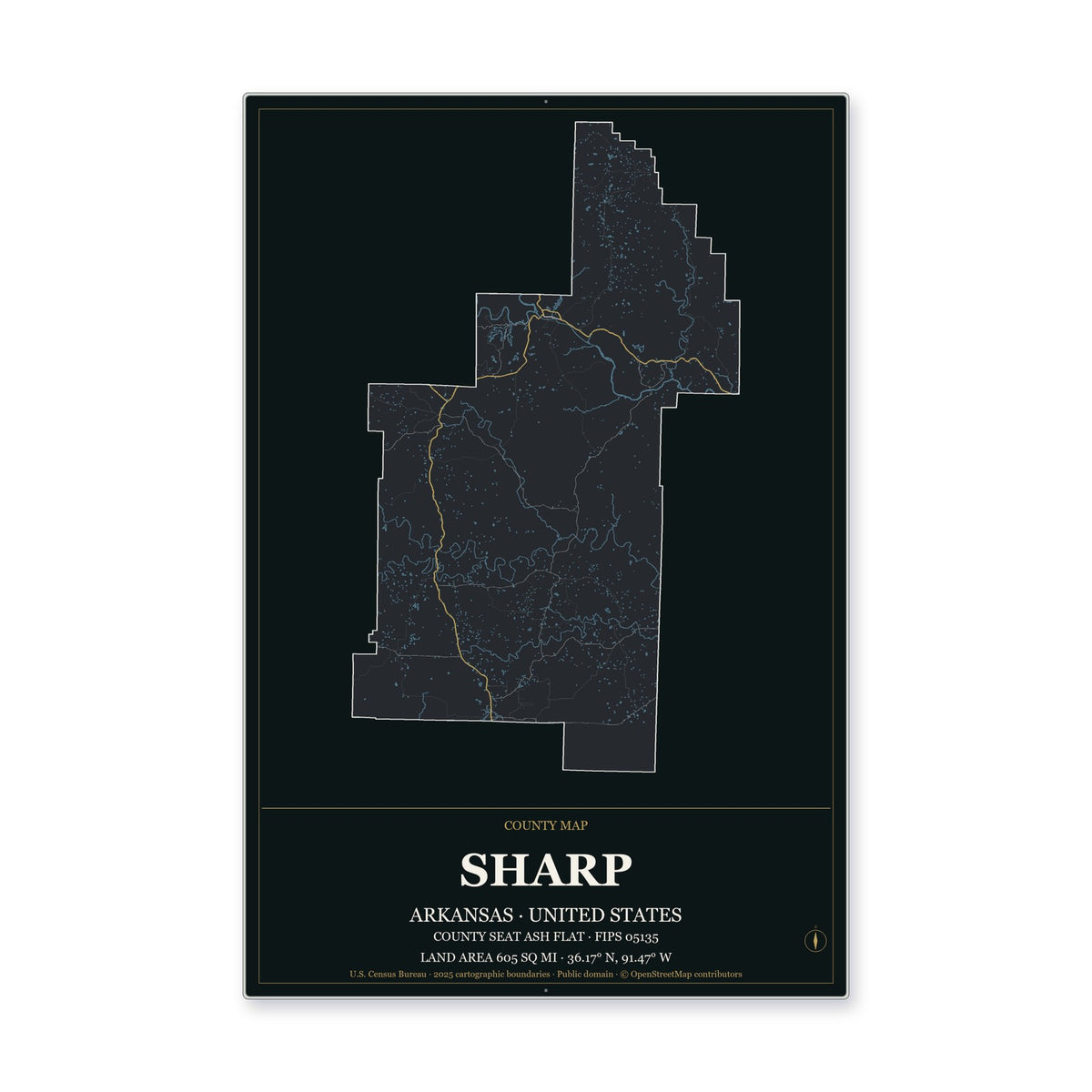Sharp County, Arkansas Map Aluminum Sign in Metropolitan Noir style