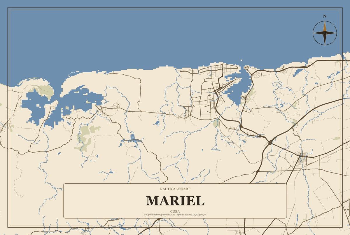 Mariel, Cuba City Map Aluminum Sign in Heritage Nautical style