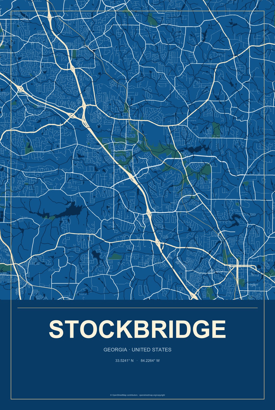 Stockbridge, Georgia City Map Aluminum Sign in Harbor Cobalt style