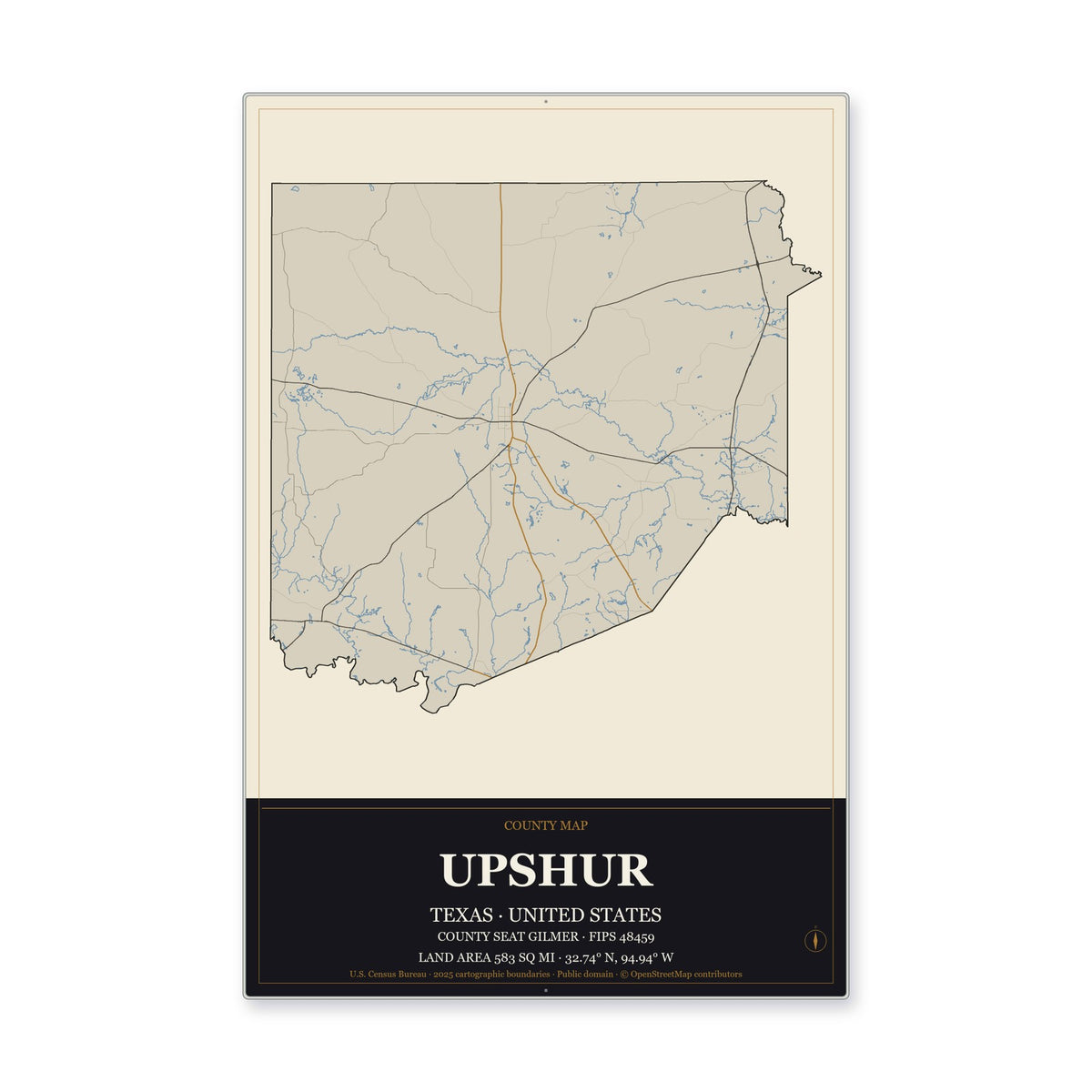 Upshur County, Texas Map Aluminum Sign in Museum Plaque style