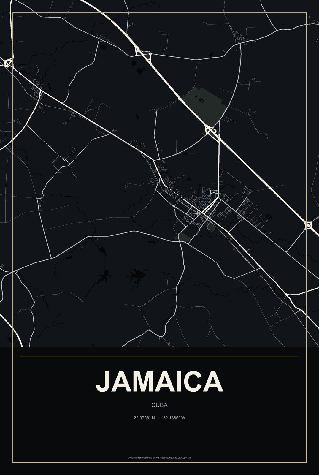 Jamaica, Cuba City Map Aluminum Sign in Metropolitan Noir style