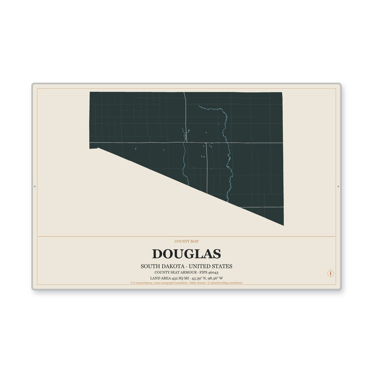 Douglas County, South Dakota Map Aluminum Sign in Headline Atlas style