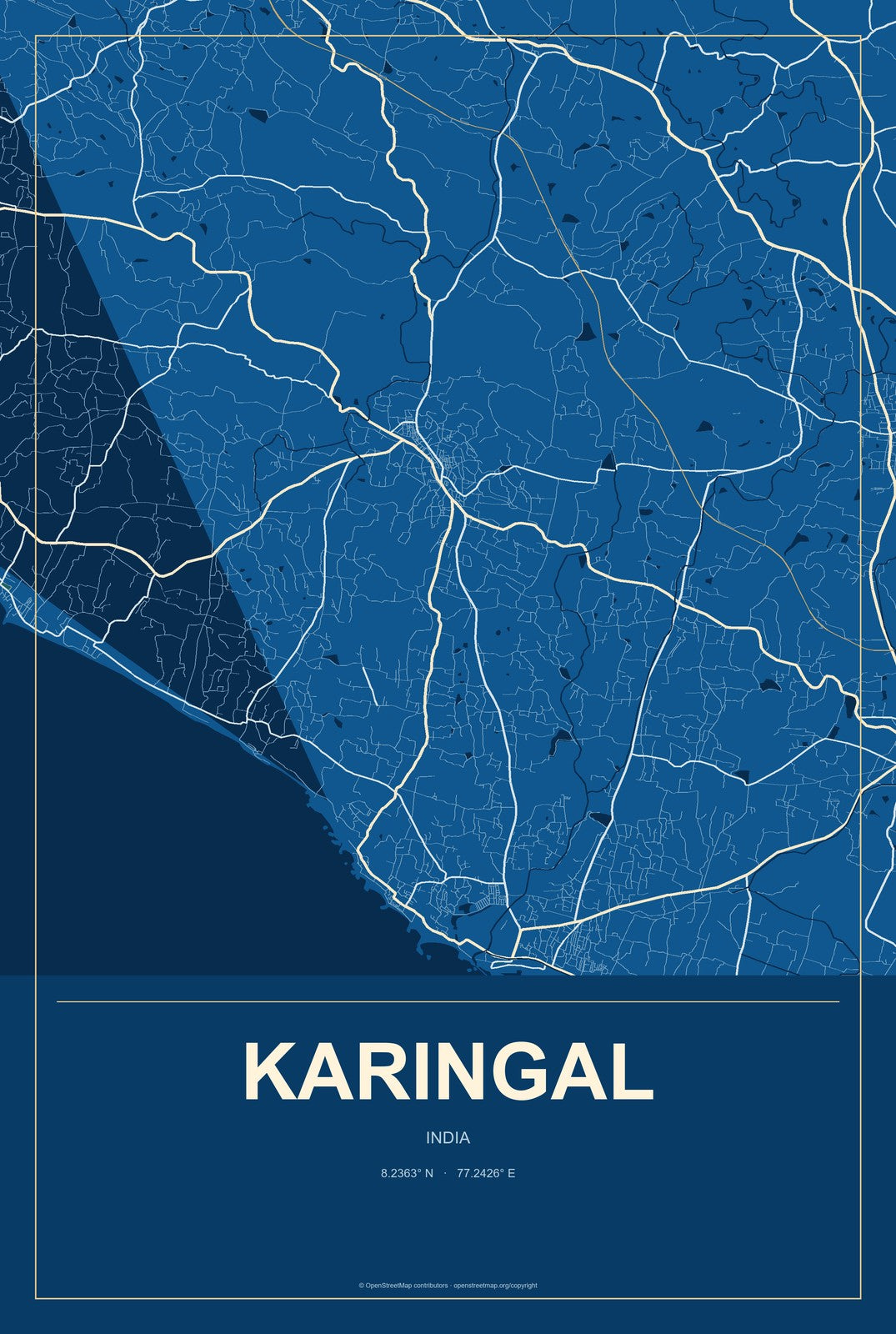 Karingal, India City Map Aluminum Sign in Harbor Cobalt style