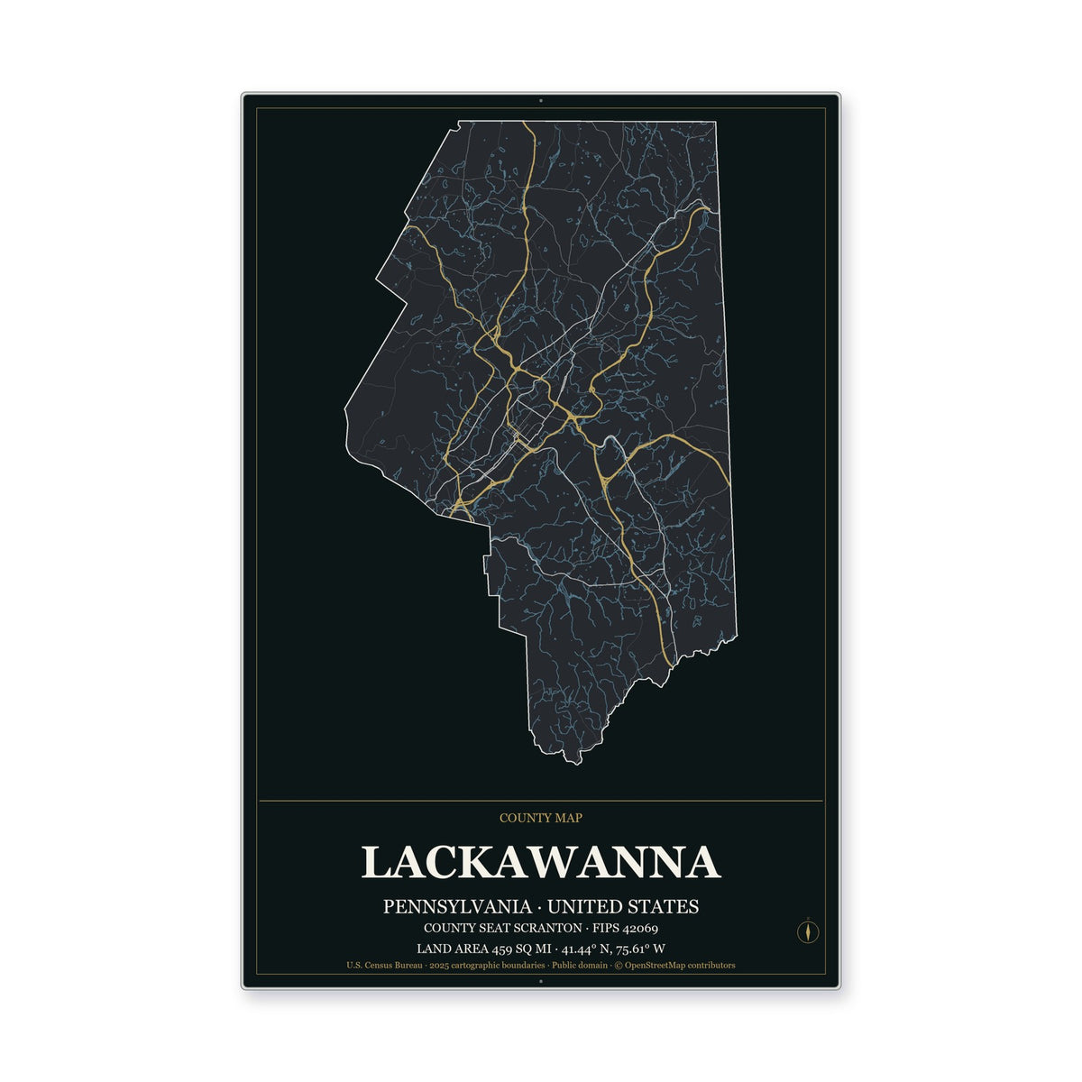 Lackawanna County, Pennsylvania Map Aluminum Sign in Metropolitan Noir style