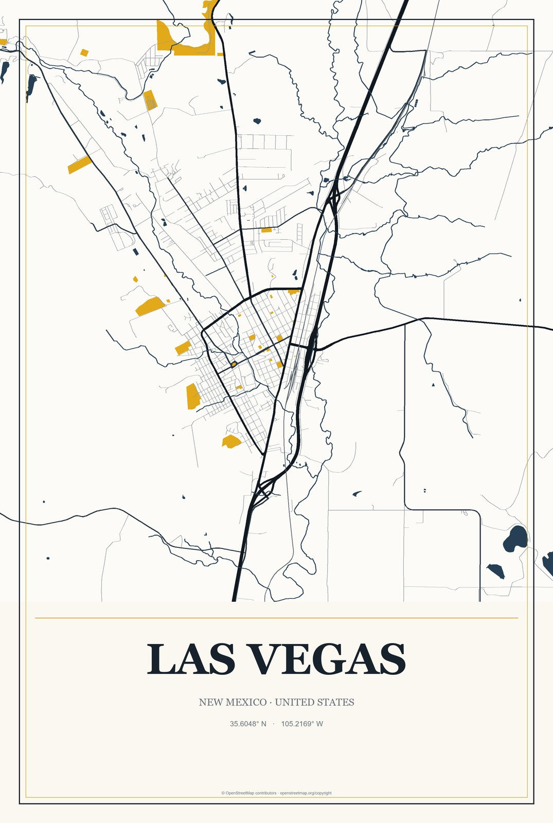 Las Vegas, New Mexico City Map Aluminum Sign in Citrine Modern style