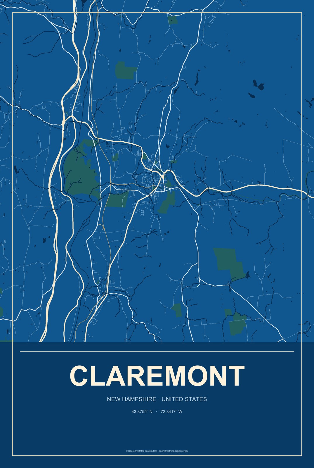 Claremont, New Hampshire City Map Aluminum Sign in Harbor Cobalt style