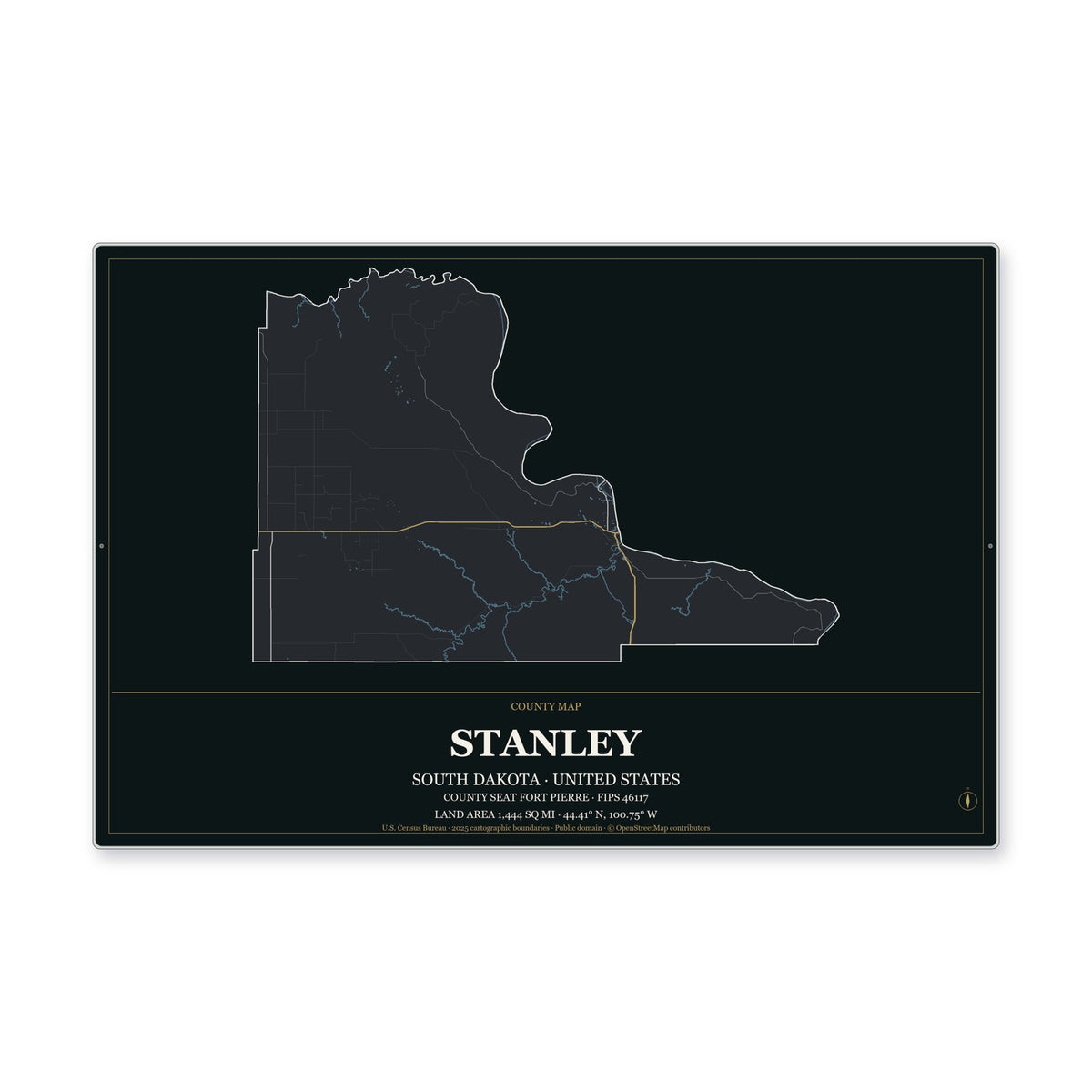 Stanley County, South Dakota Map Aluminum Sign in Metropolitan Noir style