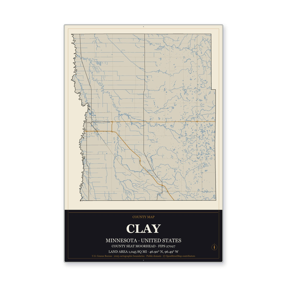 Clay County, Minnesota Map Aluminum Sign in Museum Plaque style