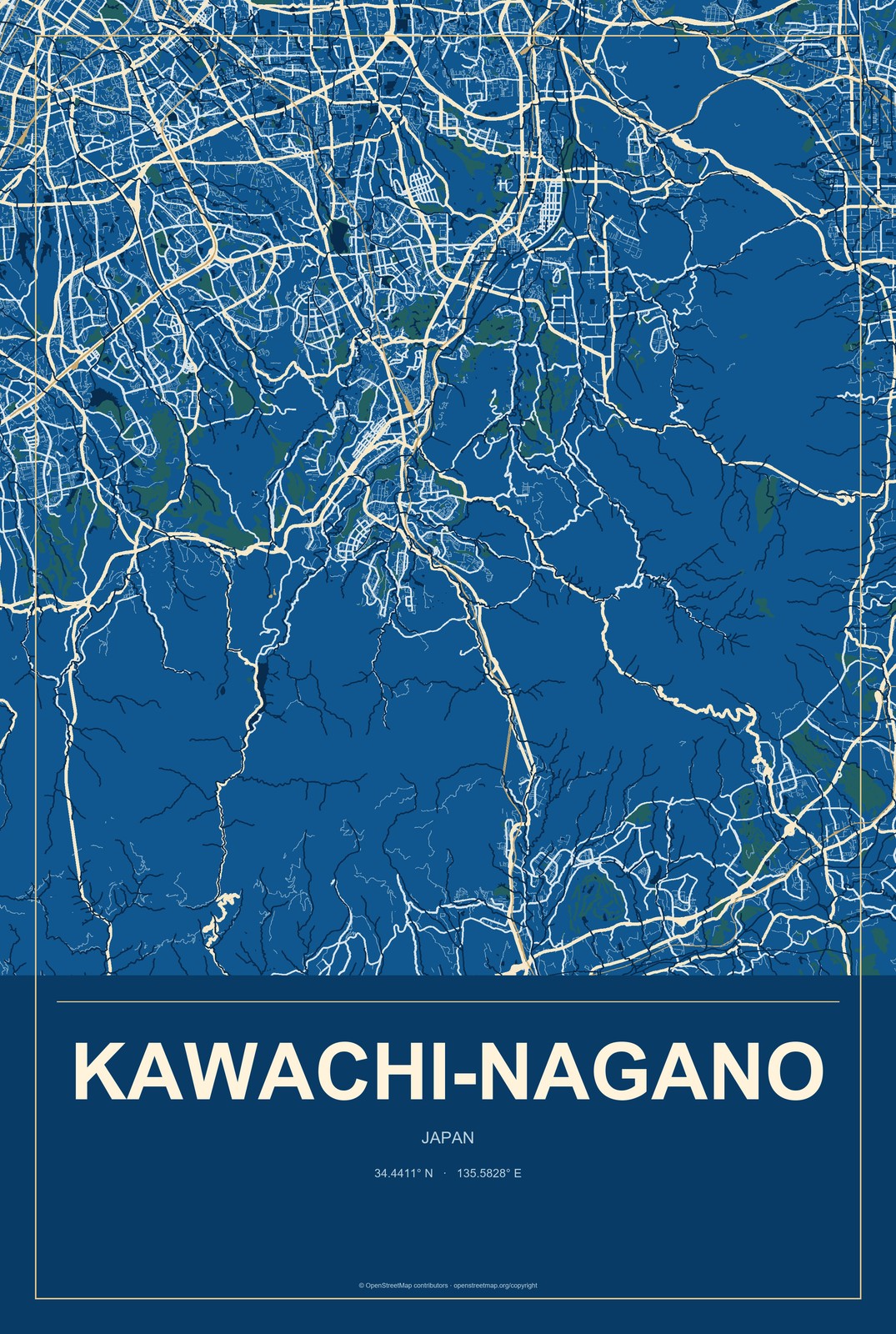 Kawachi-Nagano, Japan City Map Aluminum Sign in Harbor Cobalt style